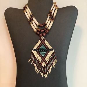 Beaded fringed pendant, tiger eye  and hairpipe handmade necklace